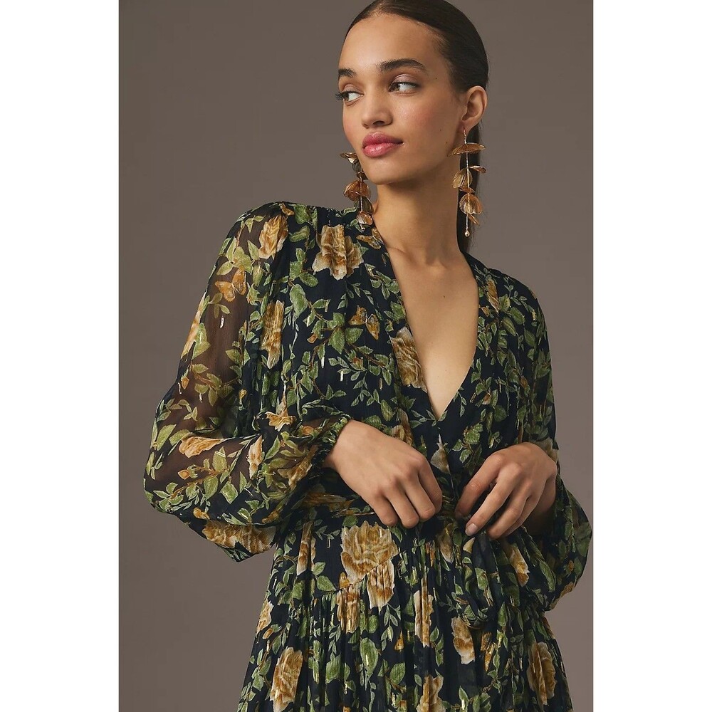 Anthropologie Black Floral Maxi Dress with Mustard Roses - Picture 4 of 11